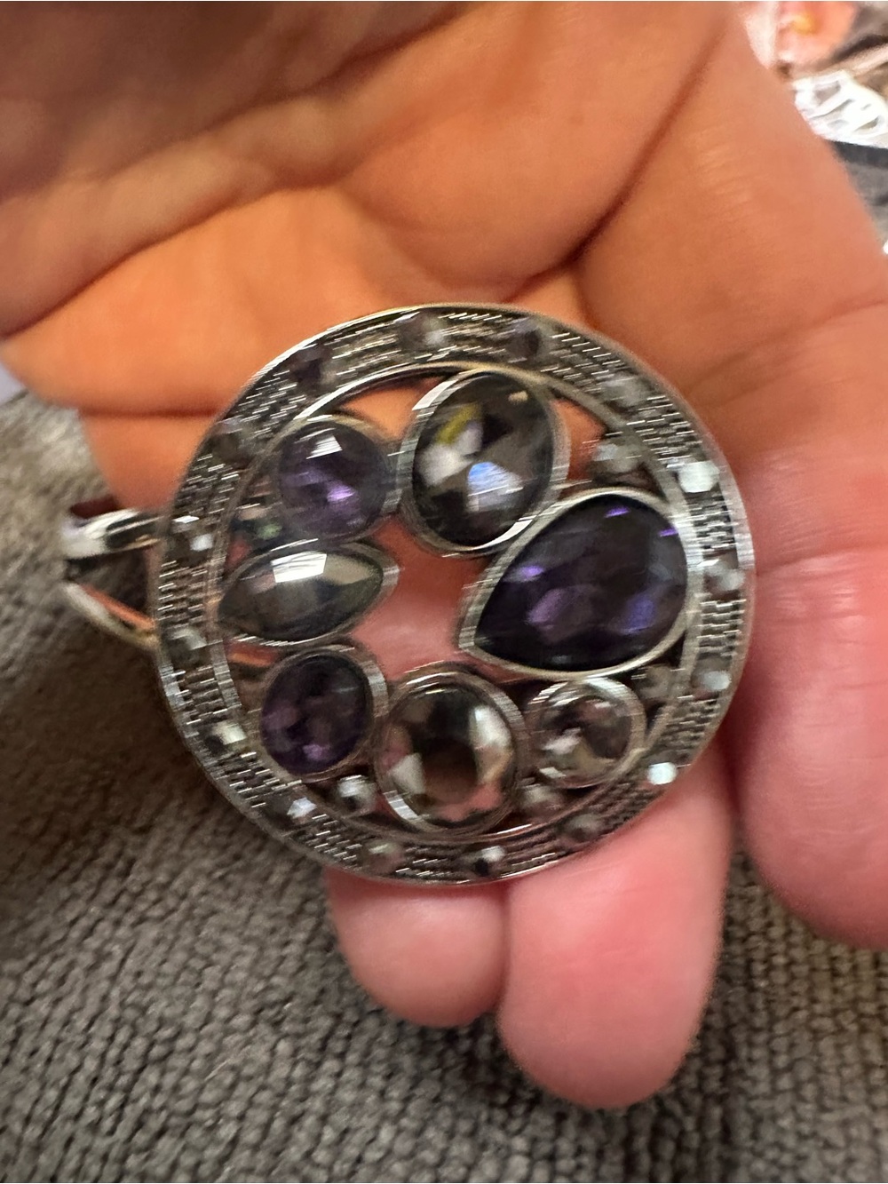 Sterling-Style Round Ring with Purple Gemstone Cluster
